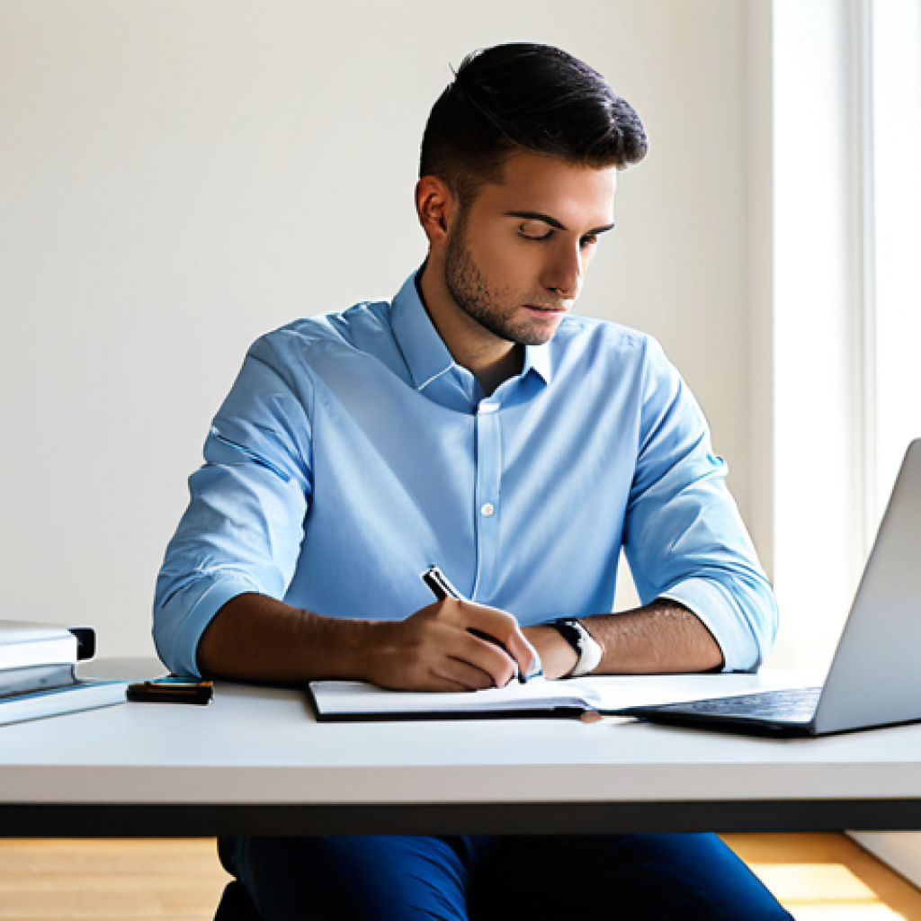 미니멀리즘 경제학과 기술 발전의 상관관계 - A clean, minimalist desk setup with a single laptop, a notebook, and a pen. The background is a brig...
