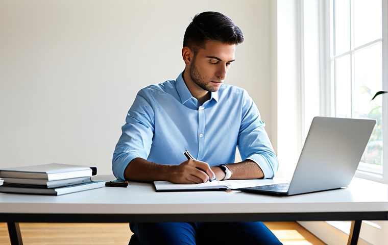 미니멀리즘 경제학과 기술 발전의 상관관계 - A clean, minimalist desk setup with a single laptop, a notebook, and a pen. The background is a brig...