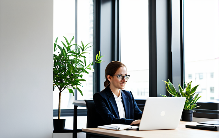 미니멀리즘 경제학의 비즈니스 모델 혁신 - Minimalist Office**

"A modern, minimalist office space, featuring a clean desk with a single laptop...