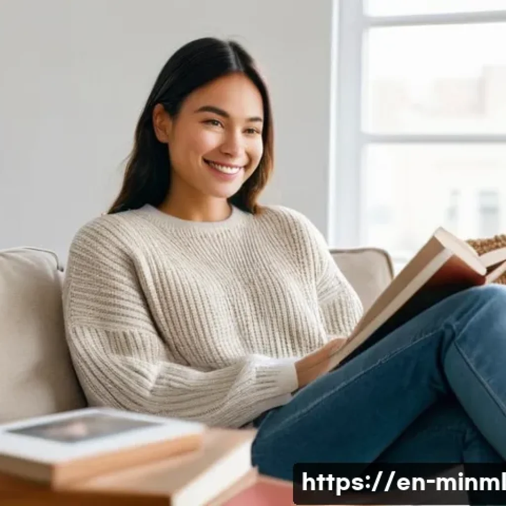 미니멀리즘 경제학과 행동 경제학 - **Prompt:** A cozy, sunlit living room in a modern apartment. A young woman with a gentle smile sits...