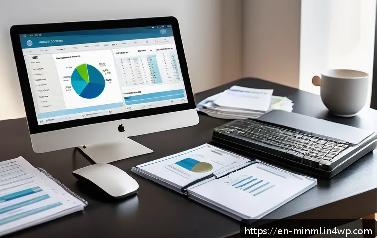 미니멀리즘 경제에서의 자산 관리 전략 - A modern home office scene featuring a person analyzing their monthly bank statements on a sleek lap...