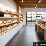 Home 23 미니멀리즘 경제학과 소비자 보호 - A modern minimalist retail store interior featuring a sleek, well-organized display with a limited s...