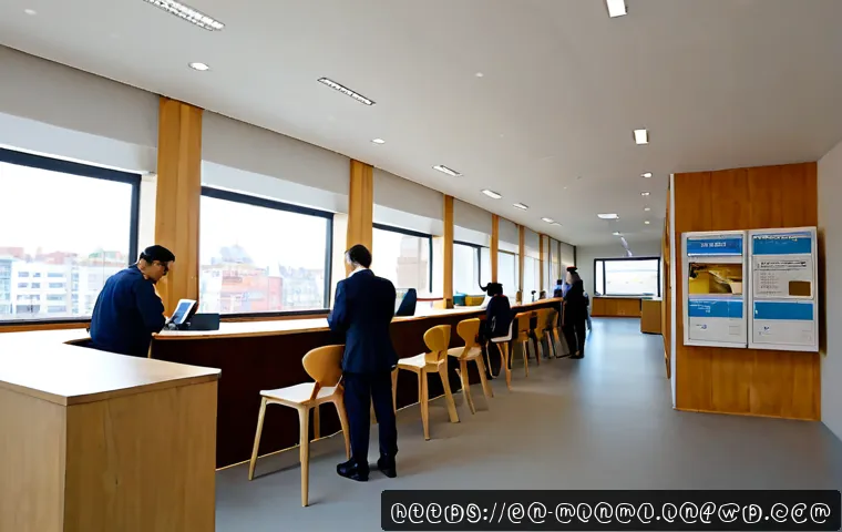 미니멀리즘 경제학의 제도적 측면 - Photorealistic wide-angle view of a minimalist public service office in a Western city, a small dive...