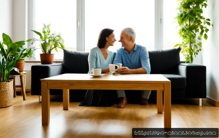 Home 17 미니멀리즘 경제학과 행복의 관계 - Photorealistic minimalist apartment living room at golden morning light, a relaxed middle-aged coupl...
